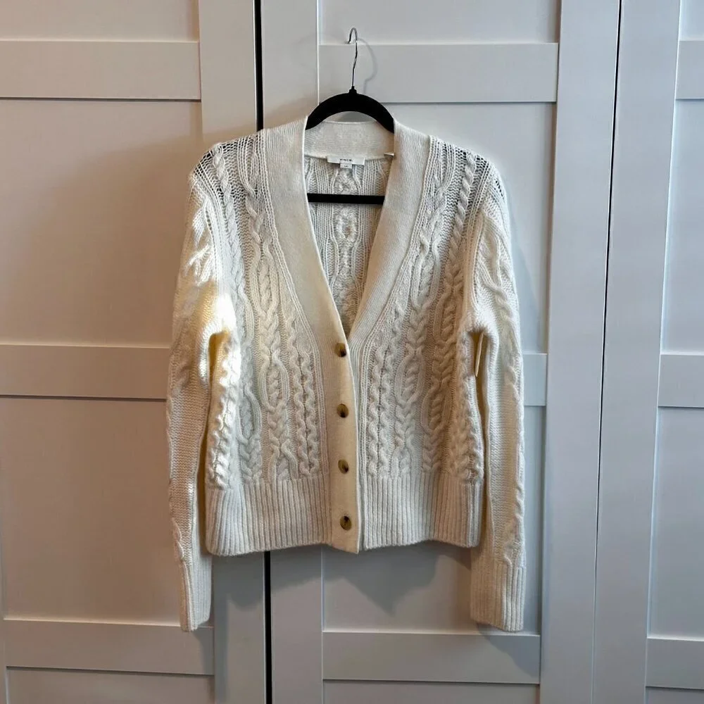 NEW VINCE Triple Braid Cable Wool Cashmere Blend Cardigan Sweater Off White - Picture 3 of 7